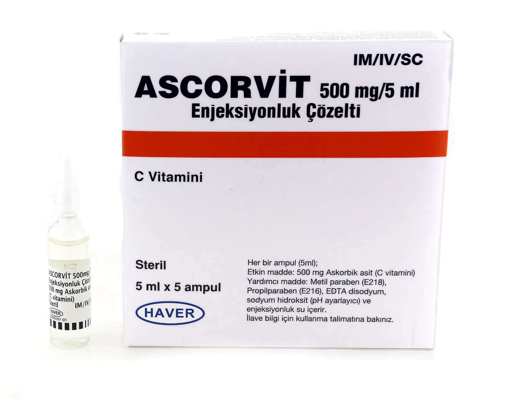 Ascorvit 500mg/5ml Enjeksiyonluk Çözelti